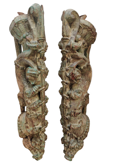 Antique Hand-Carved Wood Brackets with Floral Motifs | Pair