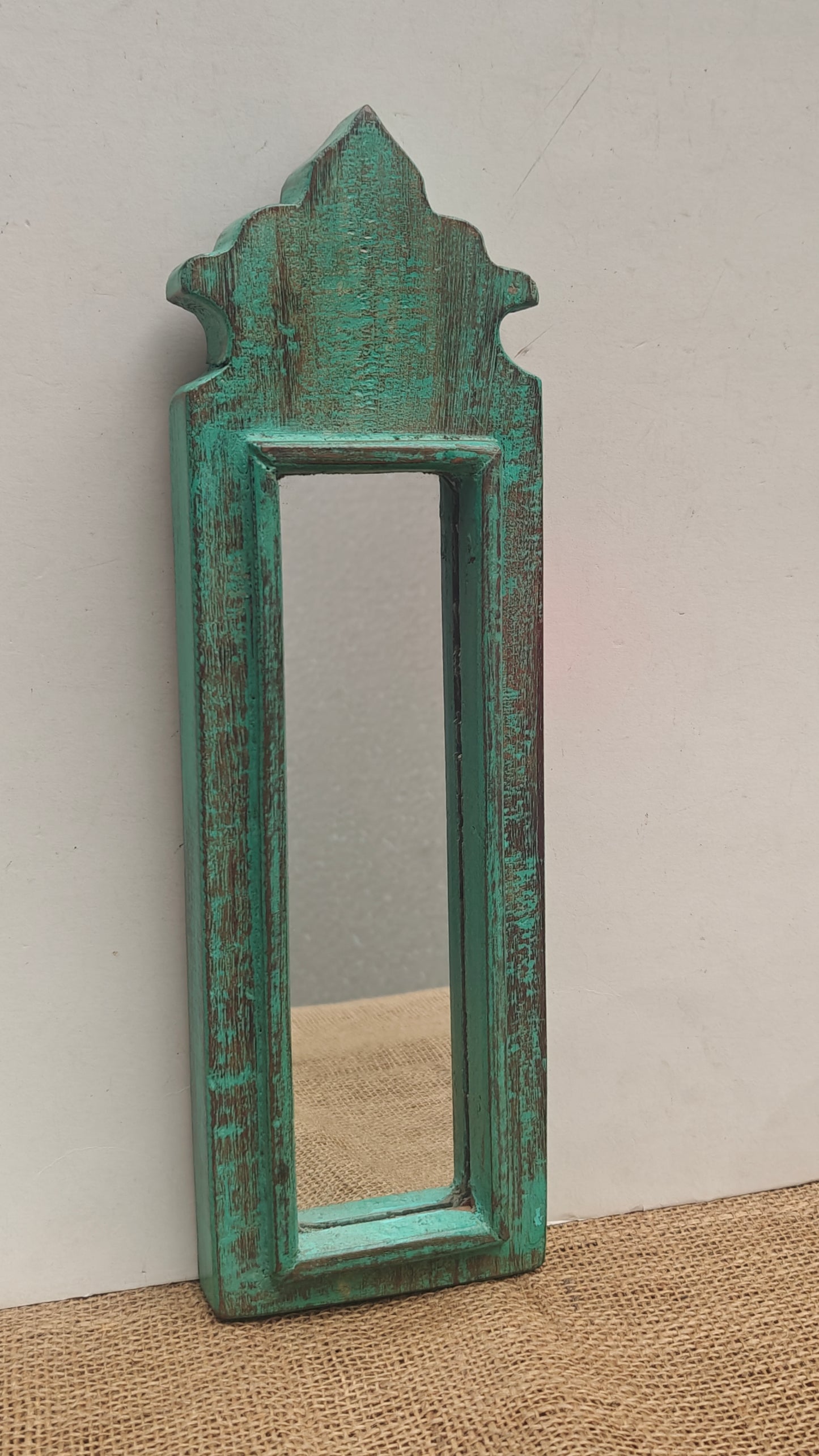 Vintage Light Green Jharokha Wooden Wall Mirror | Moroccan Style Distressed Frame | Gujarat & Rajasthan