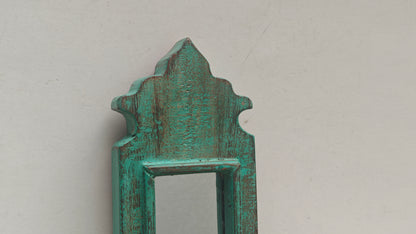 Vintage Light Green Jharokha Wooden Wall Mirror | Moroccan Style Distressed Frame | Gujarat & Rajasthan
