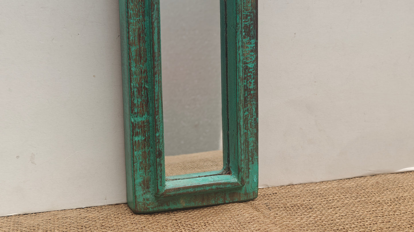Vintage Light Green Jharokha Wooden Wall Mirror | Moroccan Style Distressed Frame | Gujarat & Rajasthan