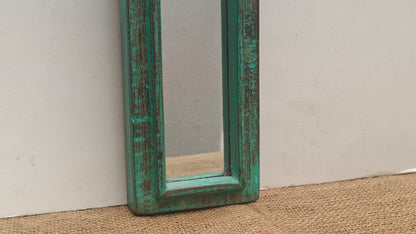 Vintage Light Green Jharokha Wooden Wall Mirror | Moroccan Style Distressed Frame | Gujarat & Rajasthan