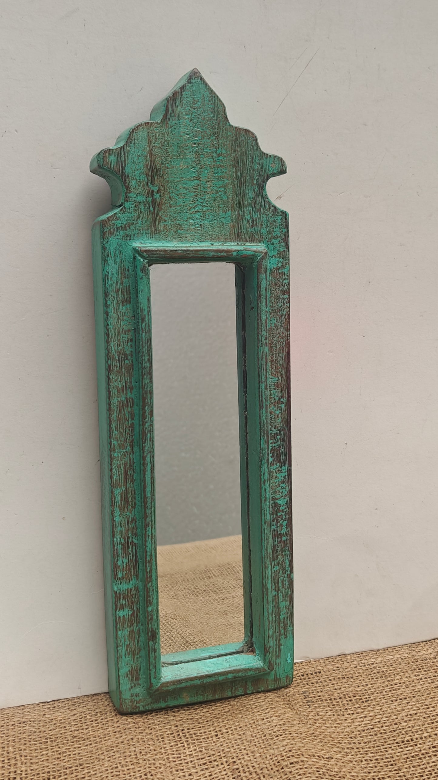 Vintage Light Green Jharokha Wooden Wall Mirror | Moroccan Style Distressed Frame | Gujarat & Rajasthan