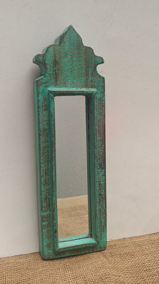 Vintage Light Green Jharokha Wooden Wall Mirror | Moroccan Style Distressed Frame | Gujarat & Rajasthan