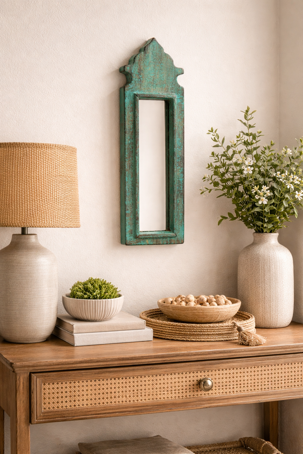 Vintage Light Green Jharokha Wooden Wall Mirror | Moroccan Style Distressed Frame | Gujarat & Rajasthan