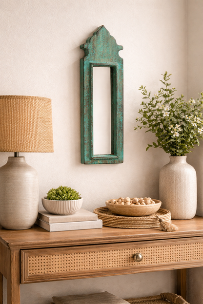 Vintage Light Green Jharokha Wooden Wall Mirror | Moroccan Style Distressed Frame | Gujarat & Rajasthan
