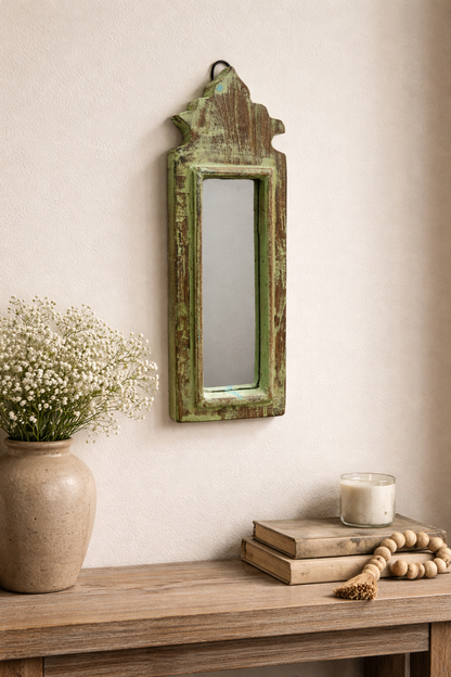 Vintage Light Jharokha Green Wooden Wall Mirror | Moroccan Style Distressed Frame | Small