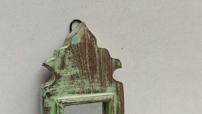 Vintage Light Jharokha Green Wooden Wall Mirror | Moroccan Style Distressed Frame | Small