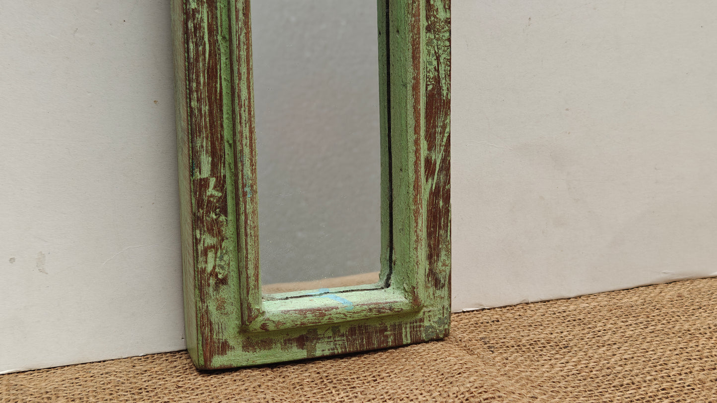 Vintage Light Jharokha Green Wooden Wall Mirror | Moroccan Style Distressed Frame | Small
