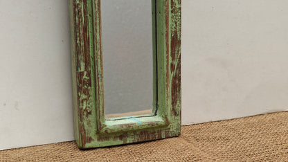 Vintage Light Jharokha Green Wooden Wall Mirror | Moroccan Style Distressed Frame | Small