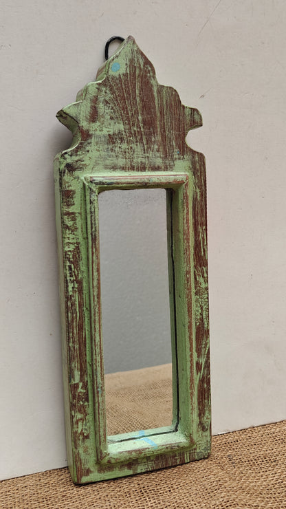 Vintage Light Jharokha Green Wooden Wall Mirror | Moroccan Style Distressed Frame | Small