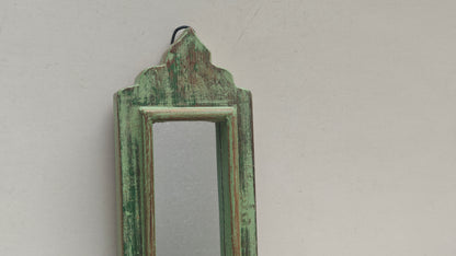 Vintage Light Green Jharokha Wooden Wall Mirror | Moroccan Style Distressed Frame | Small