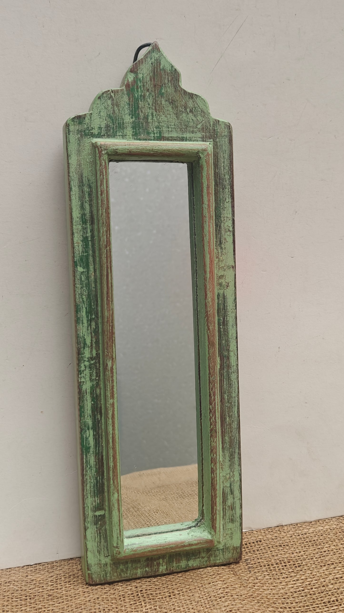 Vintage Light Green Jharokha Wooden Wall Mirror | Moroccan Style Distressed Frame | Small