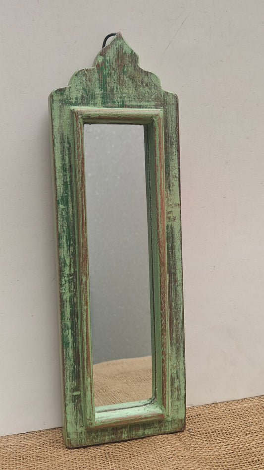 Vintage Light Green Jharokha Wooden Wall Mirror | Moroccan Style Distressed Frame | Small