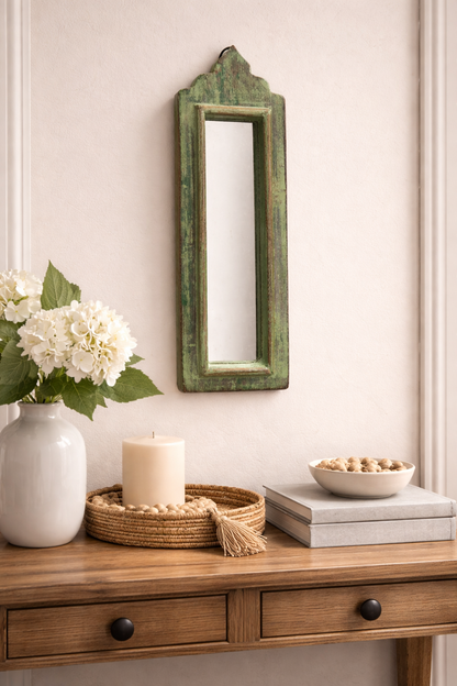 Vintage Light Green Jharokha Wooden Wall Mirror | Moroccan Style Distressed Frame | Small