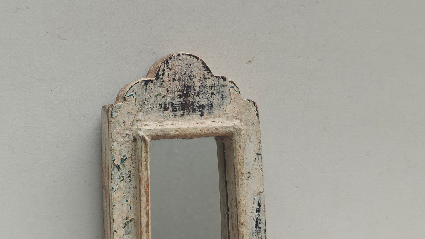 Vintage White Jharokha Wooden Wall Mirror | Moroccan Style Distressed Frame | Gujarat & Rajasthan