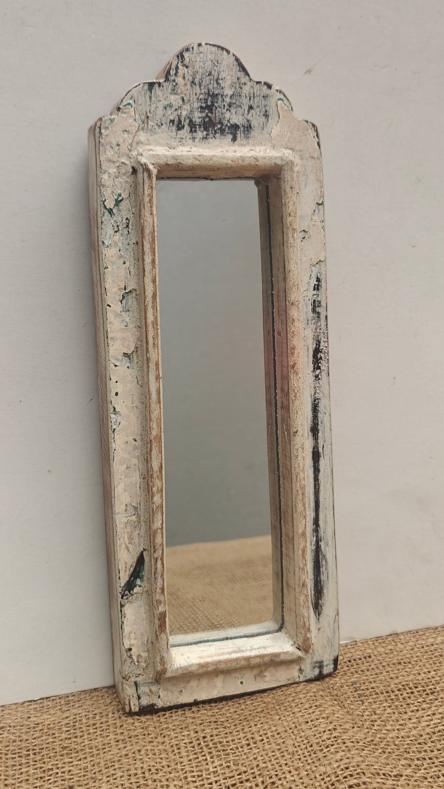 Vintage White Jharokha Wooden Wall Mirror | Moroccan Style Distressed Frame | Gujarat & Rajasthan