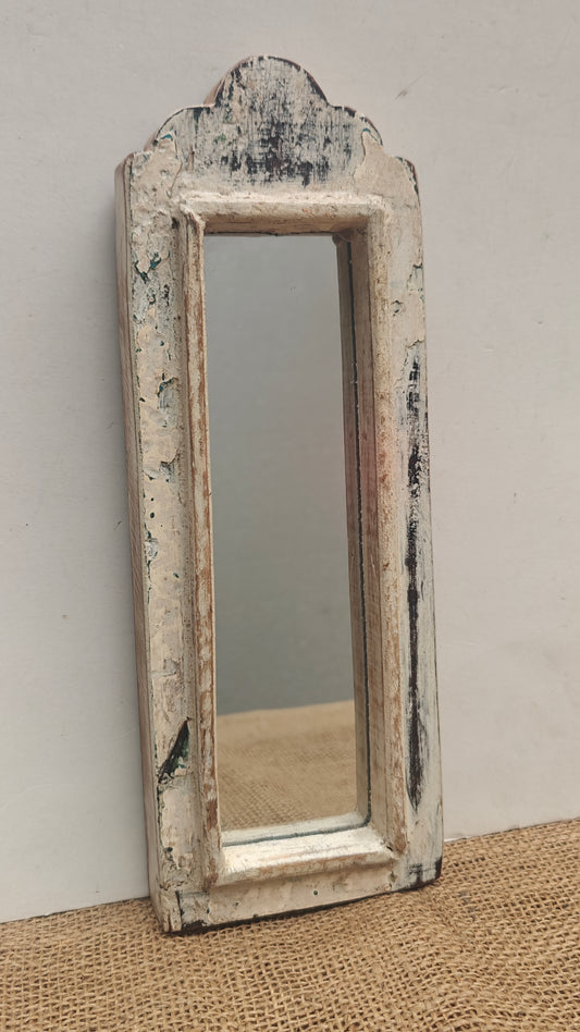 Vintage White Jharokha Wooden Wall Mirror | Moroccan Style Distressed Frame | Gujarat & Rajasthan
