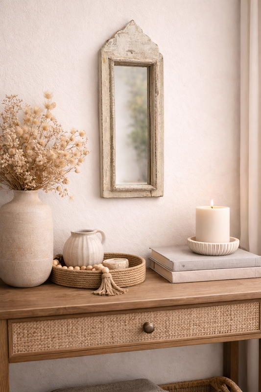Vintage white Jharokha Wooden Wall Mirror | Moroccan Style Distressed Frame