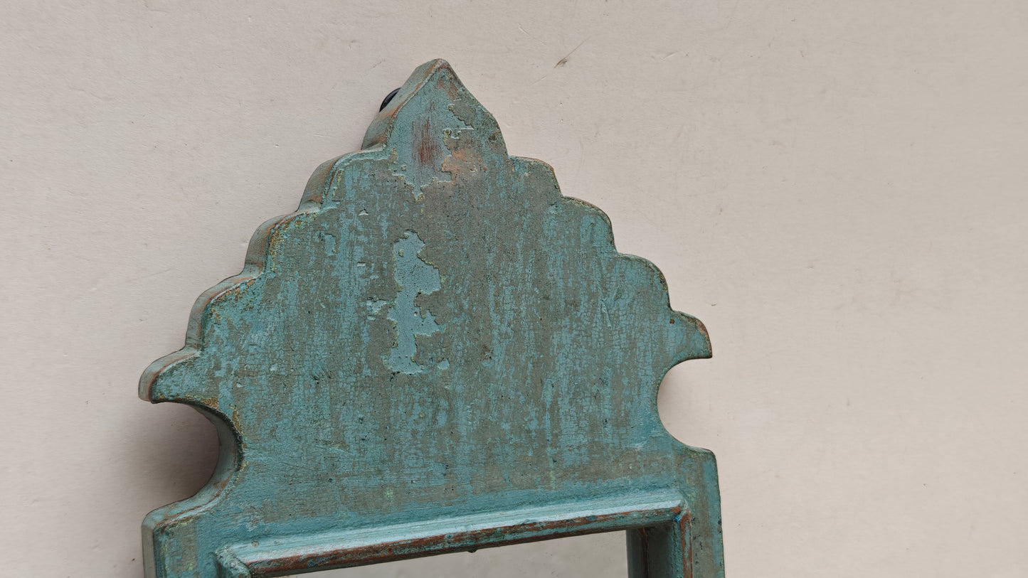 Vintage Blue Jharokha Wooden Wall Mirror | Moroccan Style Distressed Frame | Gujarat & Rajasthan