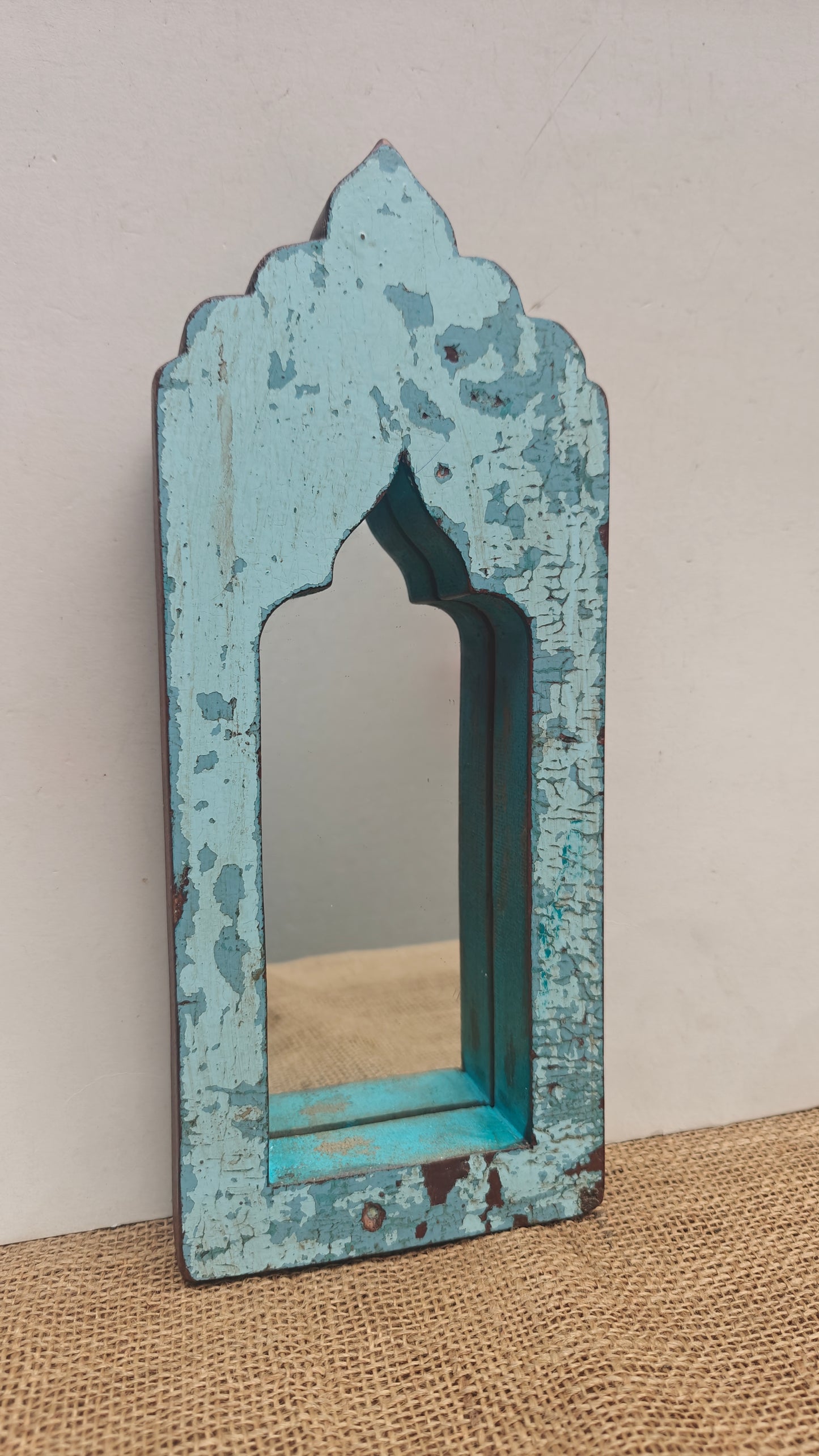 Vintage Blue Jharokha Wooden Wall Mirror | Moroccan Style Distressed Frame