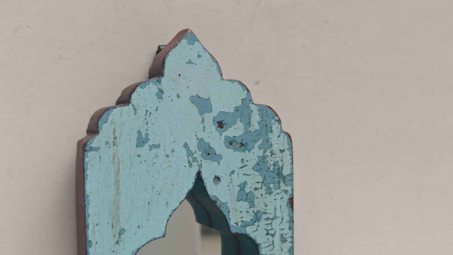 Vintage Blue Jharokha Wooden Wall Mirror | Moroccan Style Distressed Frame