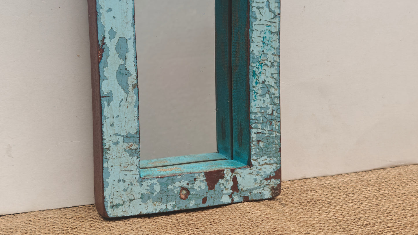Vintage Blue Jharokha Wooden Wall Mirror | Moroccan Style Distressed Frame