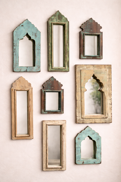 Vintage Blue Jharokha Wooden Wall Mirror | Moroccan Style Distressed Frame