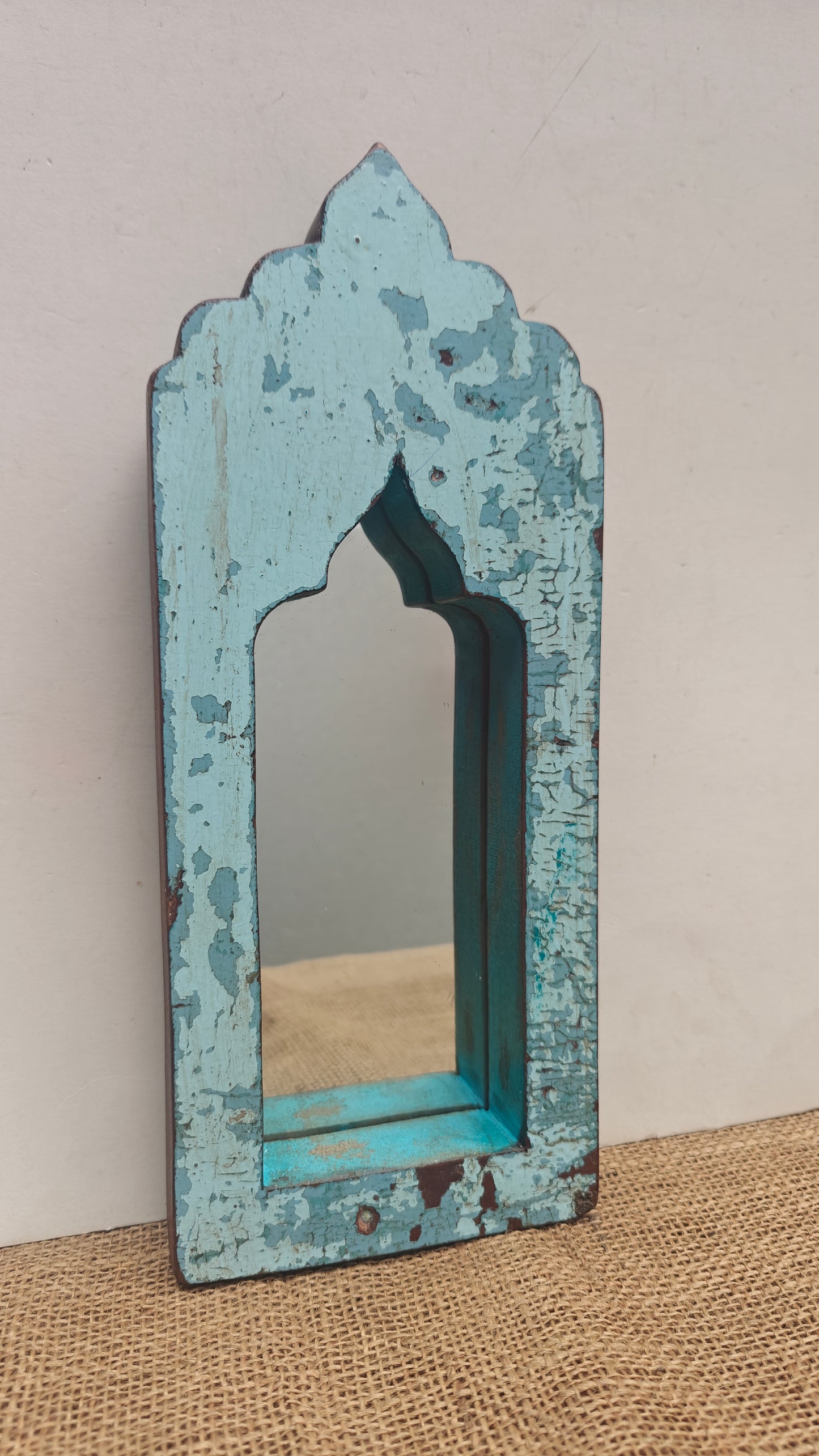 Vintage Blue Jharokha Wooden Wall Mirror | Moroccan Style Distressed Frame