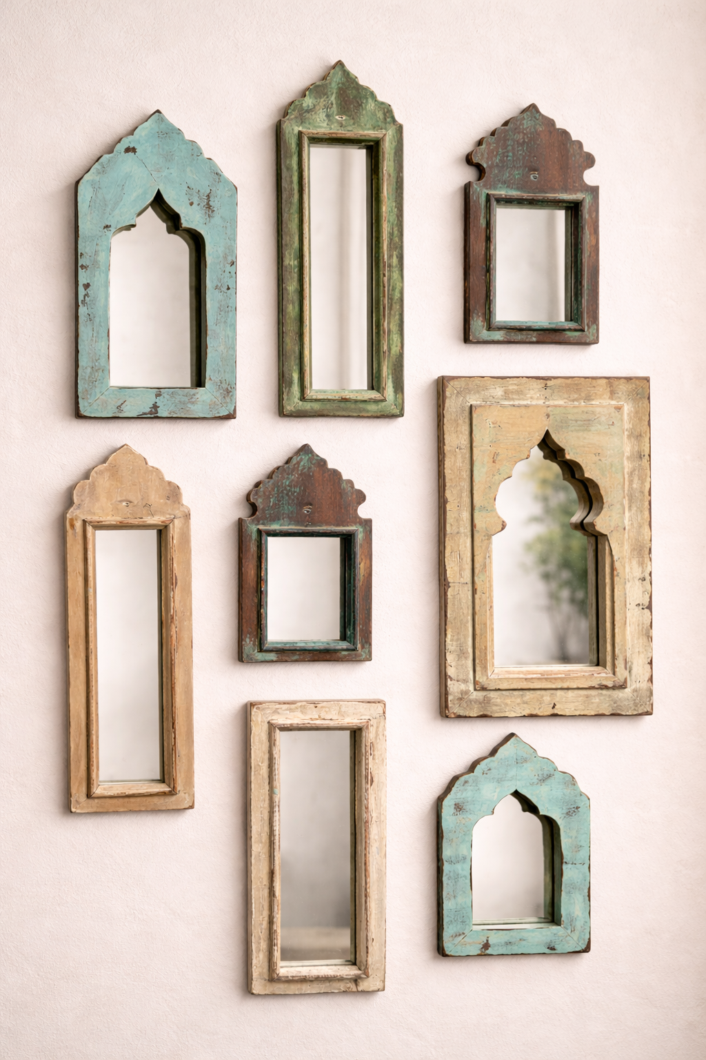 Vintage Blue Jharokha Wooden Wall Mirror | Moroccan Style Distressed Frame | Small