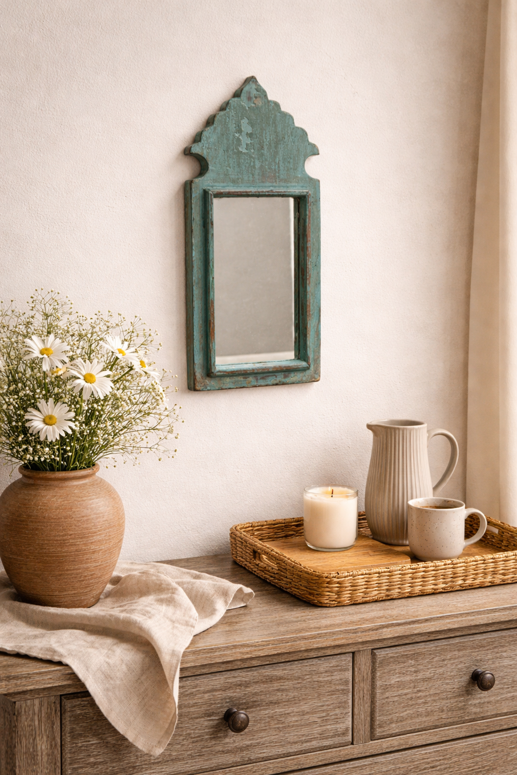 Vintage Blue Jharokha Wooden Wall Mirror | Moroccan Style Distressed Frame | Gujarat & Rajasthan
