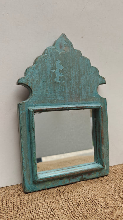 Vintage Blue Jharokha Wooden Wall Mirror | Moroccan Style Distressed Frame | Gujarat & Rajasthan