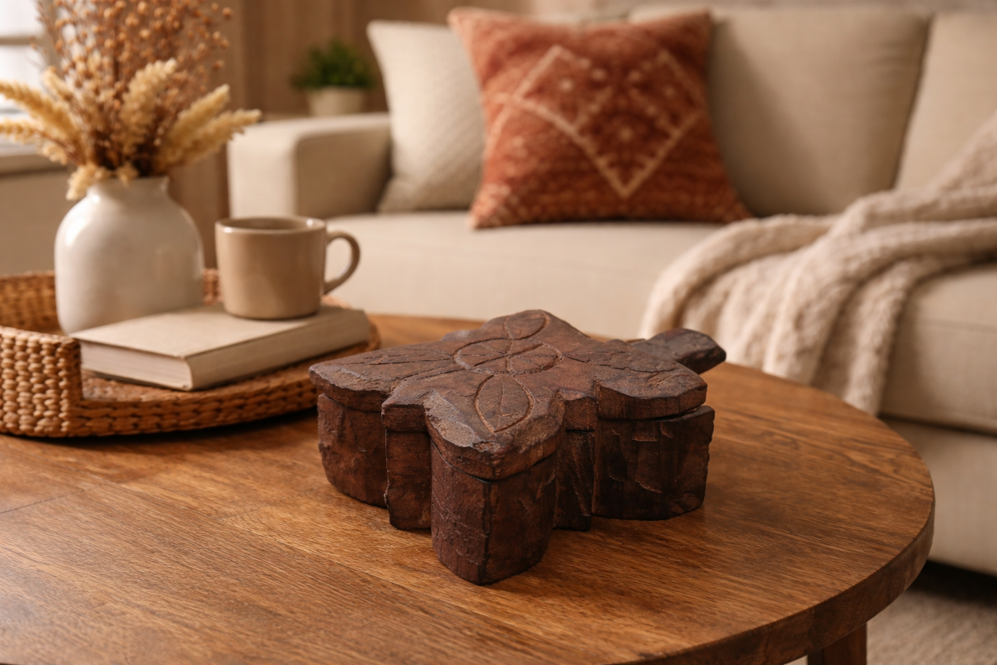 Hand-Carved Wooden Spice Box | Traditional Indian Masala Dabba | Small