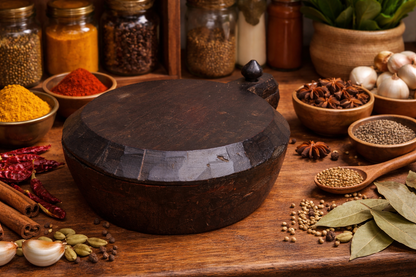 Antique Wooden Spice Box | Traditional Indian Masala Dabba | Hand-Carved