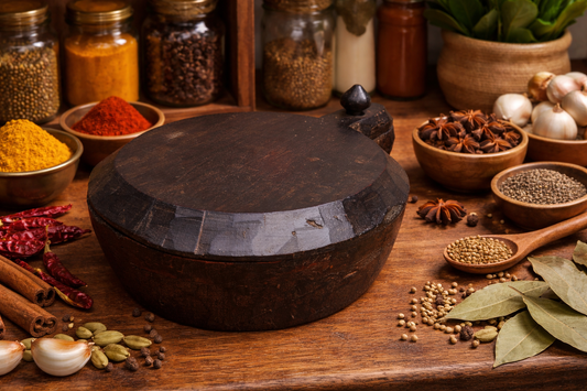 Antique Wooden Spice Box | Traditional Indian Masala Dabba | Hand-Carved