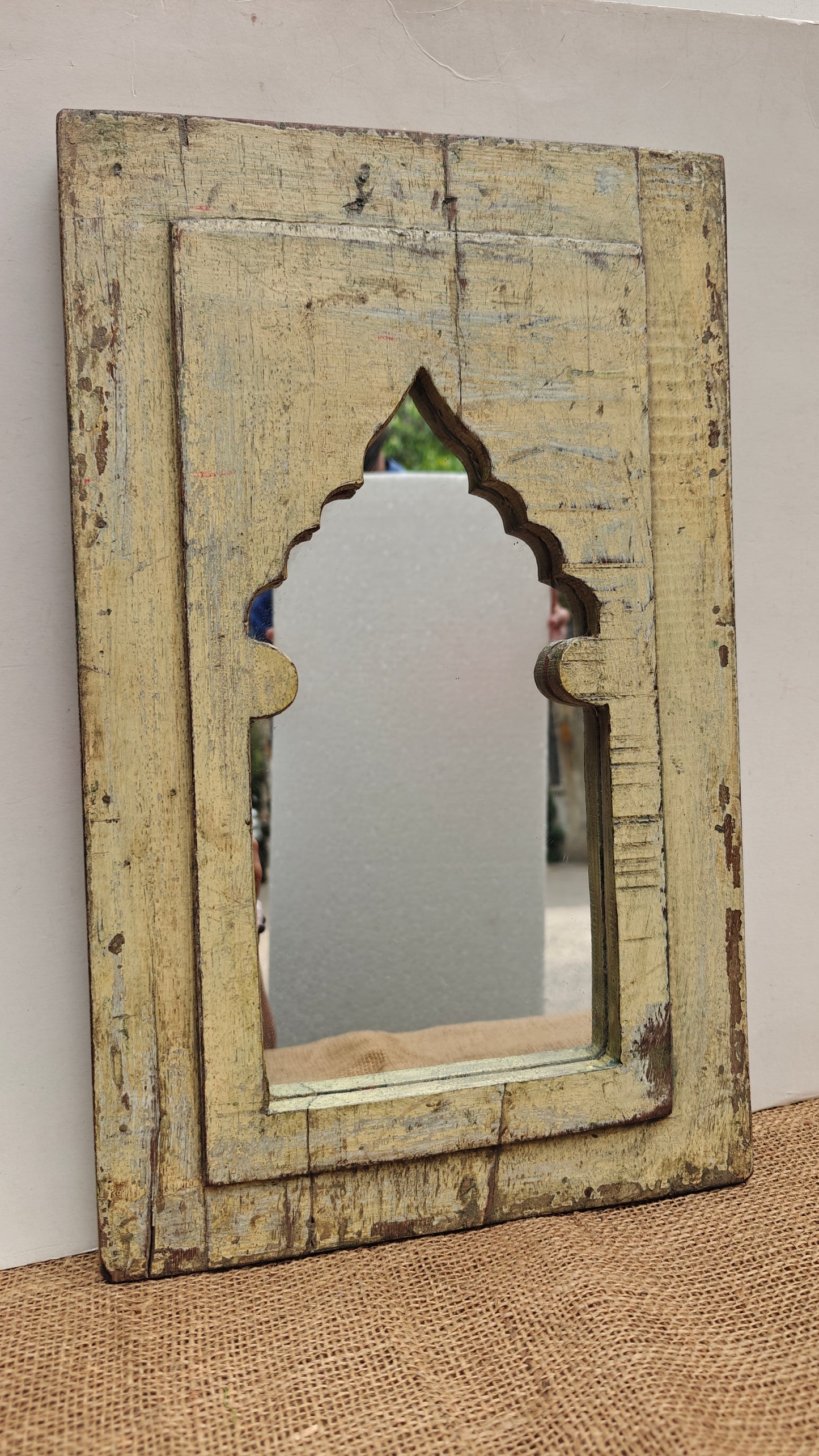 Vintage Light Yellow Jharokha Wooden Wall Mirror | Moroccan Style Distressed Frame