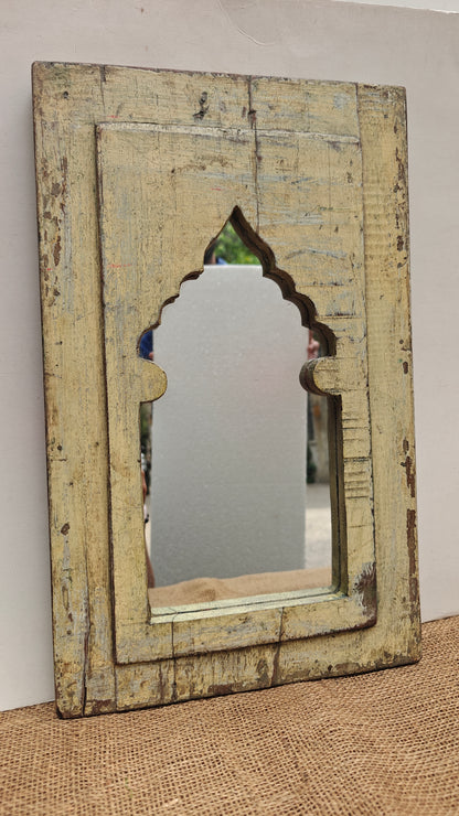 Vintage Light Yellow Jharokha Wooden Wall Mirror | Moroccan Style Distressed Frame
