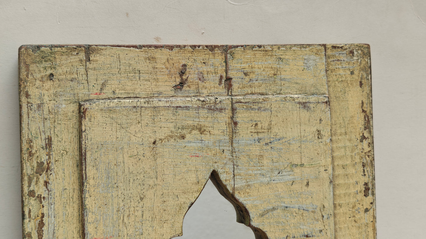 Vintage Light Yellow Jharokha Wooden Wall Mirror | Moroccan Style Distressed Frame