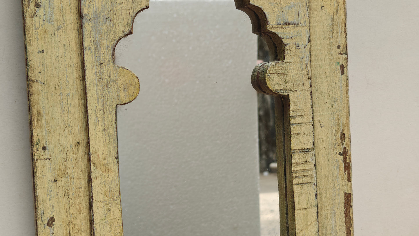 Vintage Light Yellow Jharokha Wooden Wall Mirror | Moroccan Style Distressed Frame