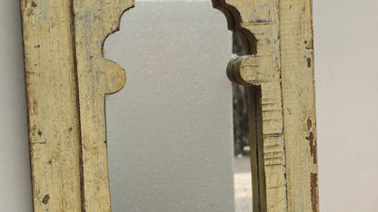 Vintage Light Yellow Jharokha Wooden Wall Mirror | Moroccan Style Distressed Frame