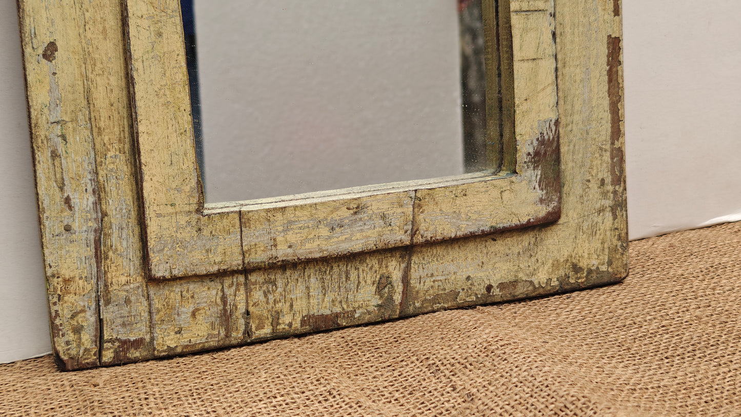Vintage Light Yellow Jharokha Wooden Wall Mirror | Moroccan Style Distressed Frame