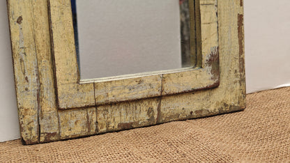 Vintage Light Yellow Jharokha Wooden Wall Mirror | Moroccan Style Distressed Frame