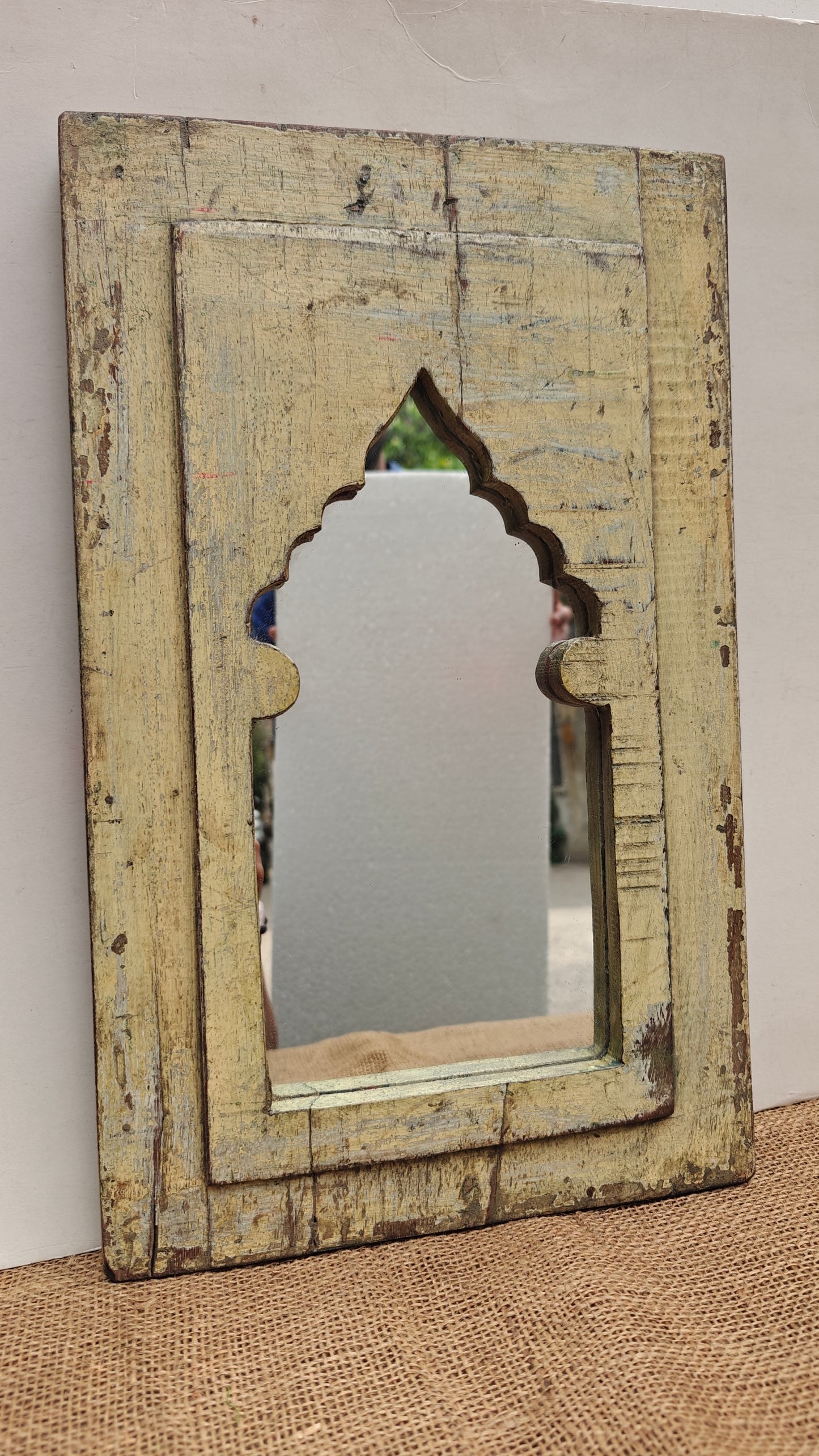 Vintage Light Yellow Jharokha Wooden Wall Mirror | Moroccan Style Distressed Frame