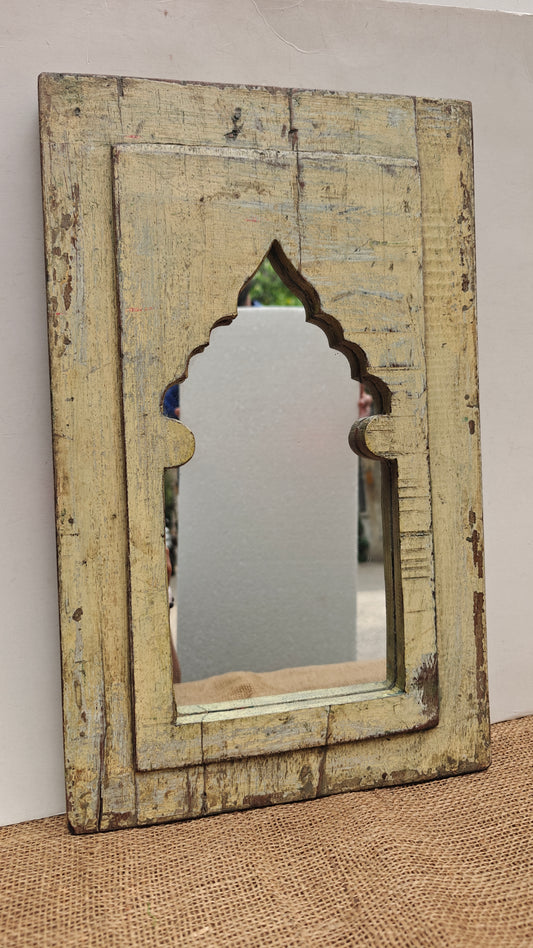 Vintage Light Yellow Jharokha Wooden Wall Mirror | Moroccan Style Distressed Frame