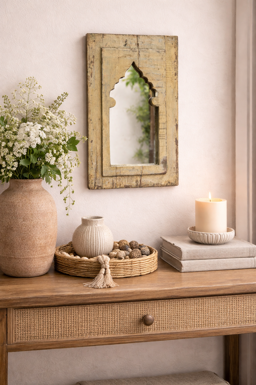 Vintage Light Yellow Jharokha Wooden Wall Mirror | Moroccan Style Distressed Frame