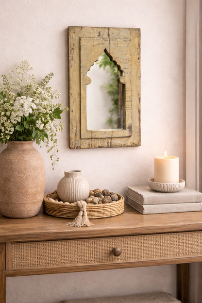 Vintage Light Yellow Jharokha Wooden Wall Mirror | Moroccan Style Distressed Frame