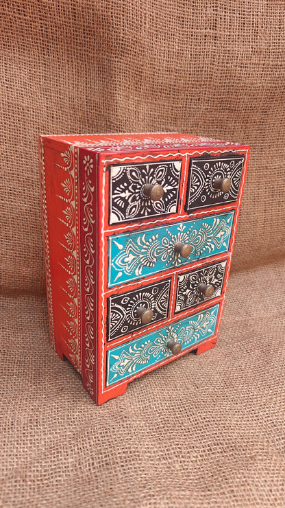 Handcrafted Wood Decorative Storage Box 6 drawers | Red Purple Multicolour Pattern | 6.25x4.25x8.5 inch