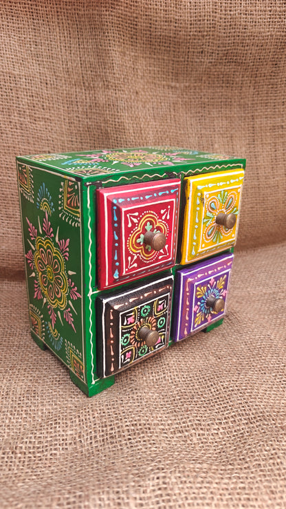 Handcrafted Painted Wood Chest with 4 Drawers | Red Yellow Green Purple | Decorative Storage