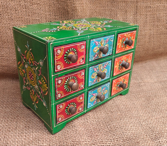 Handcrafted Painted Wood Chest with 9 Drawers | Multicolour | Large Decorative Storage
