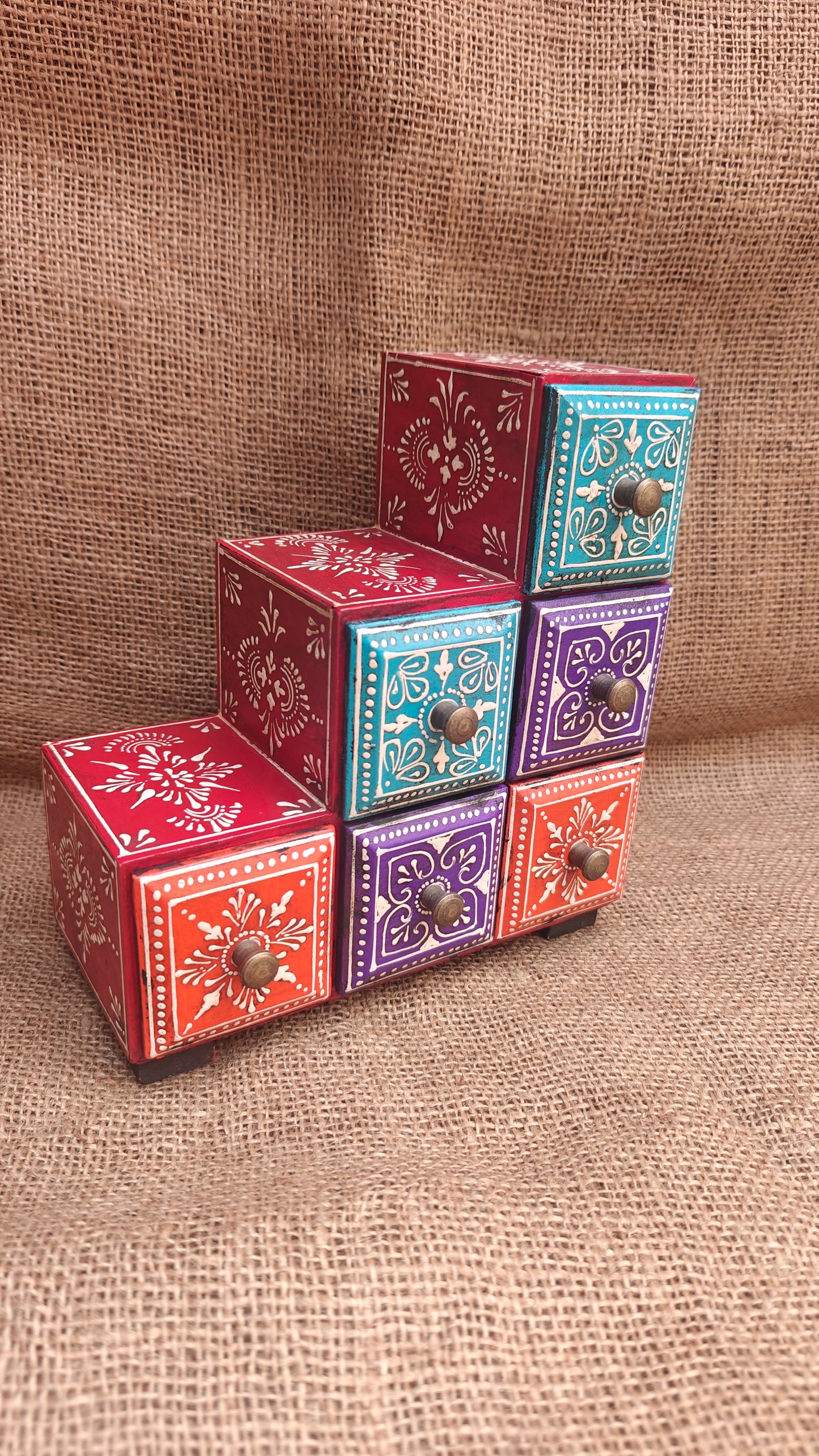 Handcrafted Painted Wood Step Ladder Chest | 6 Drawers | Multicolour Indian Folk Art