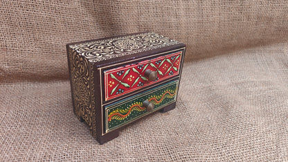 Handcrafted Painted Wood Chest with 2 Drawers | Brown Red Green | Decorative Storage | 5x3x4 inch